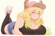 drawing gentle blushing horns blonde color long_hair clothed purple_hair huge_breasts stockings smiling lying_down short_shorts shrunken_man thighs closed_eyes against_breasts no_background quetzalcoatl miss_kobayashis_dragon_maid ncmares yohomeboync yohomeboyraps kouta arm_under_breasts