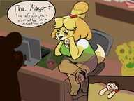 drawing feet furry anthro dog color clothed toes barefoot soles high_angle paws foot_worship sitting foot_play table shrunken_man on_foot raised_foot dialogue see_through legs_crossed stuck_to_foot isabelle animal_crossing shih_tzu mayor cutaway teathirst