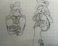 drawing dog clothed barefoot low_angle embarrassed foot_worship sitting surprised shrunken_man sketch rubbing pencil_drawing raised_foot isabelle animal_crossing shih_tzu mayor pencil_sketch