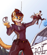 drawing furry tail anthro color large_breasts blue_eyes clothed handheld mouse cheetah police uniform caught shrunken_man dangle vehicles handcuffs outdoors mouse_boy belt looking_at_tiny tirrel police_officer