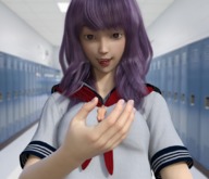 giantess long_hair handheld purple_hair smiling shrunken_man looking_down indoors digital_render