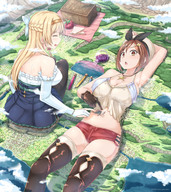drawing giantess giga city blonde color large_breasts destruction ochiko_terada butt_crush brunette brown_eyes lying_down bottle giantesses clouds picnic on_body vial atelier_ryza reisalin_stout klaudia_valentz