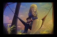 drawing blushing blonde long_hair smiling mini_giantess sitting looking_down necklace hammock bongoskillz