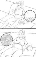 drawing panties vore large_breasts long_hair fox_ears ponytail sitting shrunken_people drinking indoors cutaway leswaet mass_vore