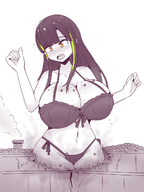 drawing blushing monochrome black_hair long_hair destruction huge_breasts underwear looking_down tears inksgirls hair_streak