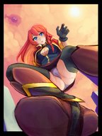 drawing panties upskirt long_hair clothed cleavage helicopter low_angle gloves red_hair raised_foot
