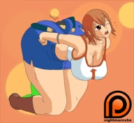 drawing huge_breasts brunette short_hair mini_giantess bending_over big_butt smothering thick_thighs no_background one_eye_closed nightmarexbx