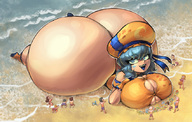 drawing long_hair beach cleavage blue_hair huge_breasts smiling lying_down outdoors hat big_butt crowds sharp_teeth noonun