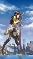 breasts drawing giantess city black_hair color long_hair destruction clothed rampage scared embarrassed outdoors nz girls_frontline gtscommissions m4a1_(girls_frontline)