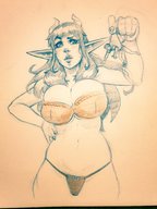 drawing horns large_breasts long_hair underwear shrunken_man looking_down dangle between_fingers no_background pinched pointed_ears resizestuff