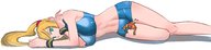 drawing giantess blonde color large_breasts long_hair samus_aran green_eyes lying_down between_legs thigh_crush sports_bra no_background zero_suit_samus wristbands bare_legs bare_midriff otya_tea55