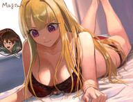 bikini blushing blonde large_breasts long_hair clothed bed green_eyes breast_crush brunette purple_eyes lying_down shrunken_man looking_down thighs indoors source_needed looking_at_tiny bare_legs