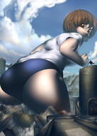 city large_breasts destruction castle short_hair outdoors looking_back big_butt debris