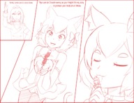drawing gentle monochrome giant clothed text licking handheld anime cat_ears dress unknown_artist uniform collar shrunken_woman bow crossdressing panels cat_boy looking_at_tiny femboy re_zero felix_argyle crusch_karsten