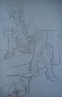 drawing monochrome clothed high_heels anime cat_ears smiling in_shoe unknown_artist sitting shrunken_woman maid_uniform bow crossdressing thigh_highs legs_crossed femboy rem cutaway re_zero felix_argyle