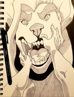 drawing furry wolf anthro monochrome tongue unknown_artist open_mouth pencil_drawing mouth_play point_of_view looking_at_viewer annoyed sharp_teeth