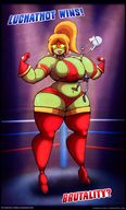 drawing blonde long_hair huge_breasts smiling ponytail mini_giantess muscles hoop_earrings flexing wrestling_ring thick_thighs green_skin between_breasts kernaalitanuli ssmiling