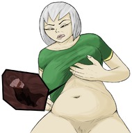 drawing vore short_hair bottomless inside_stomach grey_hair licking_lips no_background cutaway ill-strator bare_midriff
