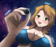 drawing giantess blushing earth giga space color large_breasts long_hair planet cleavage brunette riho_futaba cosmic_giantess thedaibijin