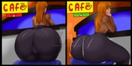 drawing long_hair butt_crush huge_breasts brunette smiling sitting shrunken_man looking_back big_butt viruslex