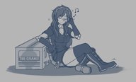 drawing monochrome long_hair sitting shrunken_man box closed_eyes no_background magnaprospect