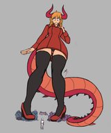 drawing giantess panties horns tail upskirt long_hair destruction red_hair looking_down no_background magnaprospekt