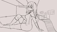drawing monochrome long_hair clothed smiling sitting looking_down indoors magnaprospect