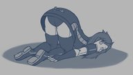 drawing upskirt monochrome long_hair clothed gloves bending_over on_butt no_background magnaprospekt