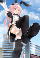 drawing city upskirt color bunny_ears giant clothed anime smiling pink_hair crossdressing thigh_highs raised_foot winking femboy fate/grand_order fate_(series) astolfo alice-magic