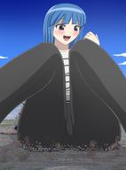 giantess blushing city long_hair butt destruction butt_crush blue_hair smiling sitting legs outdoors thedaibijin