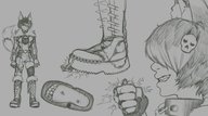 drawing feet monochrome clothed handheld toes soles anime punk insole smiling in_shoe gloves boots foot_crush collar shrunken_man cruel hand_crush shoe_crush see_through cat_boy femboy kononiko dog_boy fenrirthedoggo