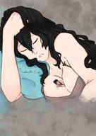 drawing sleeping black_hair large_breasts long_hair lying_down shrunken_man no_background between_breasts gubblenub
