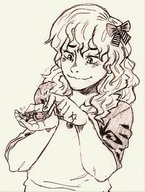 drawing gentle monochrome giant clothed handheld smiling bow looking_at_tiny femboy ryo_macro hand_play ednem