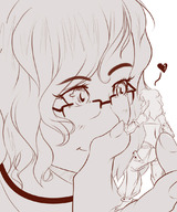 drawing gentle giantess blushing monochrome long_hair handheld glasses smiling heart between_fingers crossdressing skimpy_clothing looking_at_tiny femboy ryo_macro