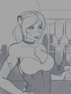 drawing furry cat anthro monochrome large_breasts clothed cleavage fox bondage collar shrunken_woman bar necklace hanging_on kerneldecoy human_jewelry