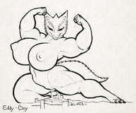 drawing nipples giantess nude pussy furry horns anthro monochrome large_breasts castle posing muscles looming looking_down reptile flexing scalie shortstack eddy-boy kobold