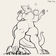 drawing nipples giantess nude pussy furry horns anthro city monochrome large_breasts low_angle smiling underboob looming reptile floating scalie shortstack eddy-boy kobold thigh_thighs