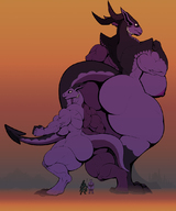 drawing nipples nude furry horns tail anthro color large_breasts multiple_sizes lizard muscles looming shrunken_woman shrunken_man looking_down reptile giantesses looking_back sideboob scalie thick_thighs fracshun kobold