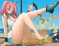 drawing panties upskirt large_breasts barefoot socks red_hair sitting twintails fart shrunken_man looking_down pinned tennis_ball orenjii uspkirt
