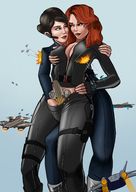 breasts drawing giantess masturbation mega black_hair color blue_eyes cleavage green_eyes red_hair airplane explosion lesbians giantesses vehicle_insertion catsuit jumpsuit guns shield black_widow helicarrier cupping_breast marvel_comics spuski maria_hill