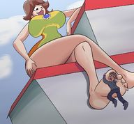 drawing giantess long_hair toes barefoot soles huge_breasts brunette sitting looking_down outdoors hanging_on thick_thighs idooodlestuff