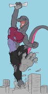 drawing growth giantess pokemon feet furry anthro city color destruction clothed toes barefoot buildings soles outgrowing_building paws reptile ripped_clothing sharp_teeth scalie salazzle reshpresso