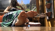 collage long_hair clothed toes barefoot soles brunette sitting shrunken_man indoors washing on_table