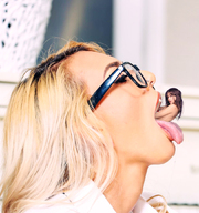 collage vore blonde long_hair tongue glasses shrunken_woman open_mouth indoors
