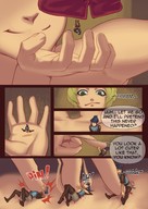 drawing blonde comic black_hair color armor clothed handheld anime knight shrunken_woman pinned dialogue panels under_finger femboy kononiko hand_play shortest_knight_of_the_year