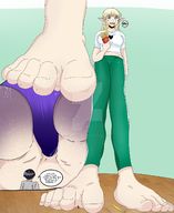 blonde long_hair clothed toes barefoot soles sweat shrunken_man looking_down between_toes voluptuous dialogue french_fries pointed_ears cutaway bare_midriff greenmatcha