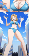 bikini drawing gentle giantess city blonde color swimsuit handheld cleavage buildings worship outdoors riho_futaba thedaibijin on_breasts between_breasts