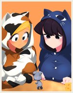 drawing blushing blonde black_hair color large_breasts clothed anime purple_eyes cheese shrunken_man dark_skin nervous cat_suit on_table looking_at_tiny sweat_drop shouko_komi komi_cant_communicate lecca_aisu manbagi_rumiko tadano_hitohito gyaru