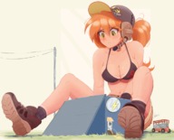 drawing giantess blushing color large_breasts clothed cleavage bra green_eyes red_hair sitting looking_down vehicles outdoors power_lines cap headset jurassic_park bare_legs ncmares yohomeboync yohomeboyraps park_ranger jenn_(ncmares)
