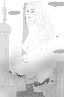 breasts drawing giantess nude pussy feet city mega large_breasts long_hair butt destruction helicopter pee looking_at_viewer shanghai
